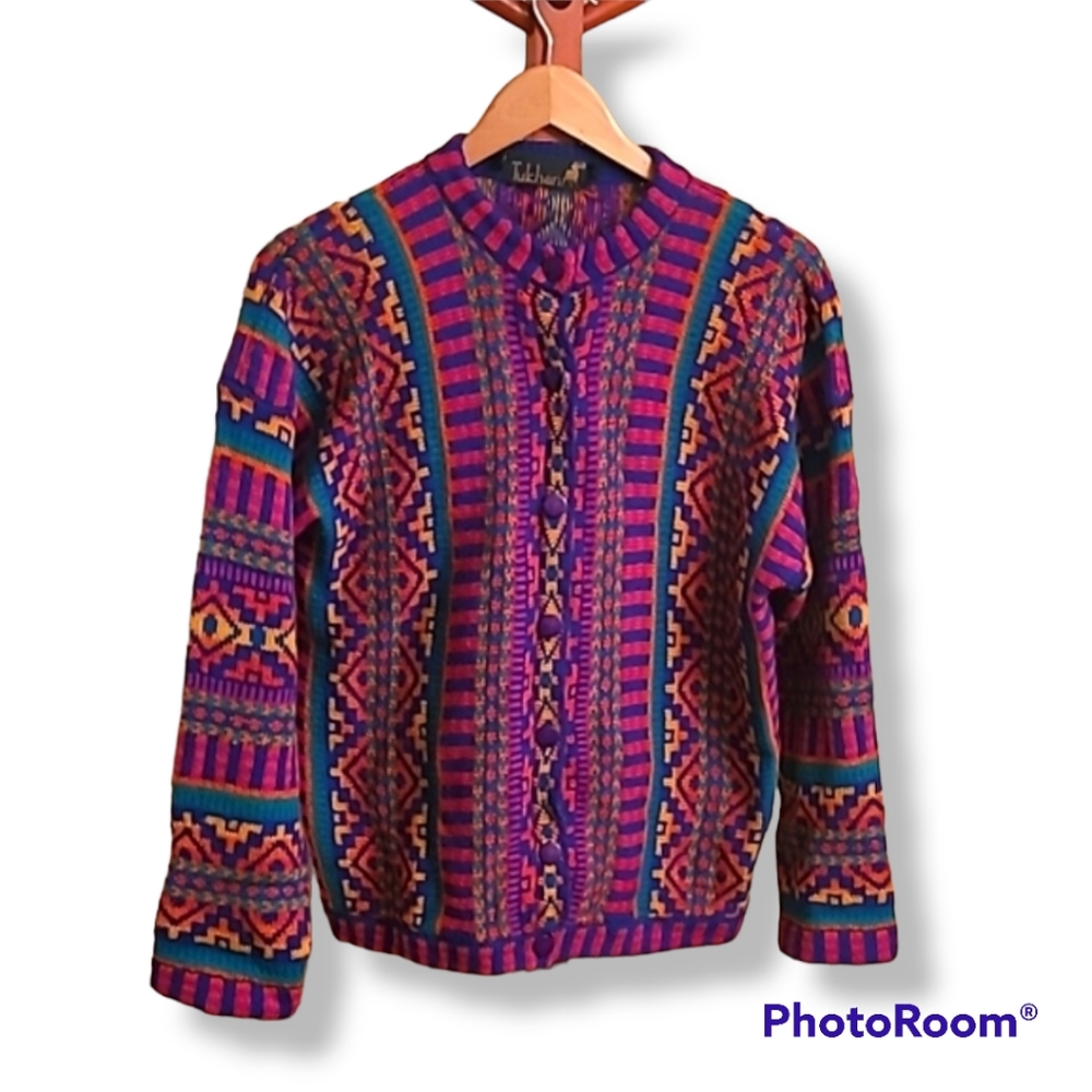 Vintage Tulchan Pure New Wool Multicolor Cardigan